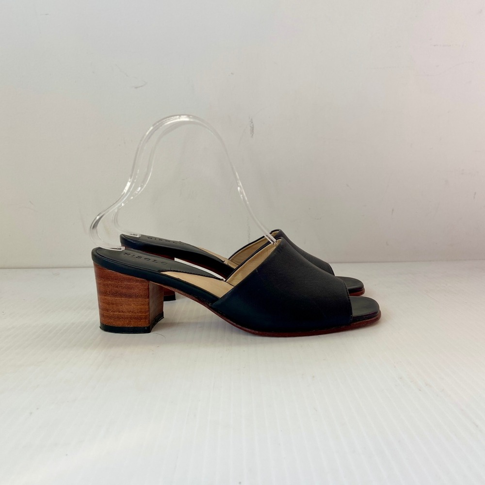 Nisolo Elizabeth Slide Heeled Open Toe Sandal Black Leather Womens EU 37 US 7